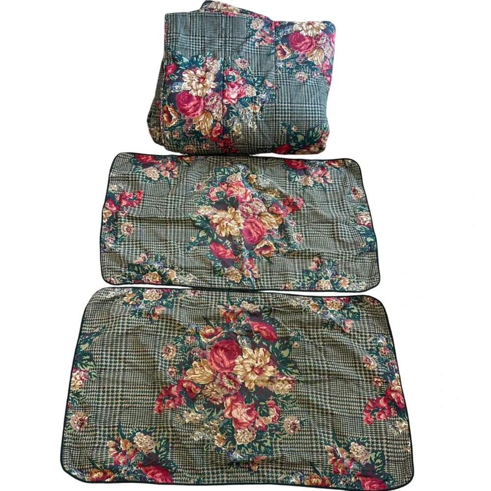 VTG Ralph Lauren Catherine King Comforter‎ 2 Shams Set Green Floral Houndstooth
